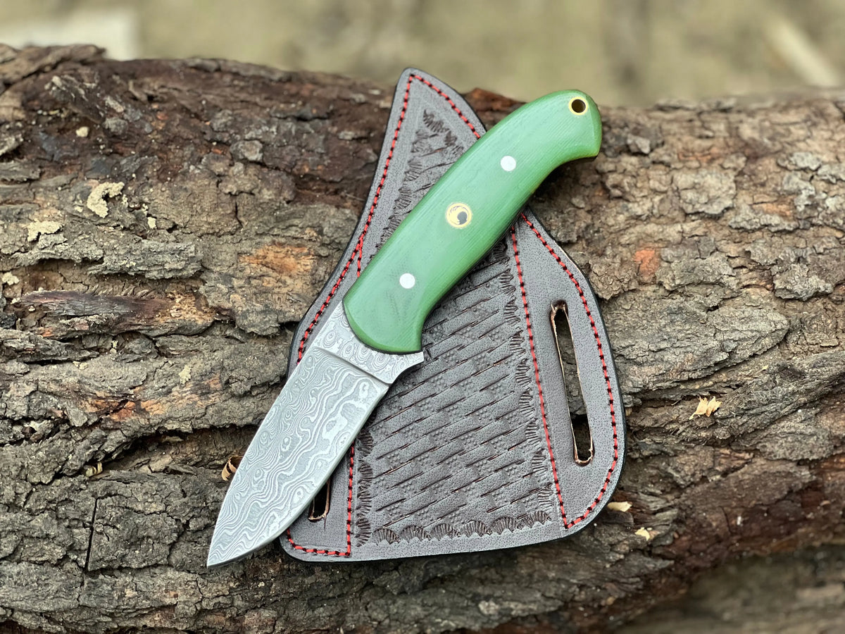 Custom Made Damascus Steel Fixed Blade EDC knife with Leather Sheath - Arham Cutlery