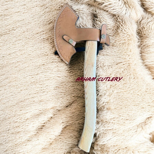 20” Handmade Damascus Steel Axe with Wood Handle & Leather Sheath | Arham Cutlery - Arham Cutlery