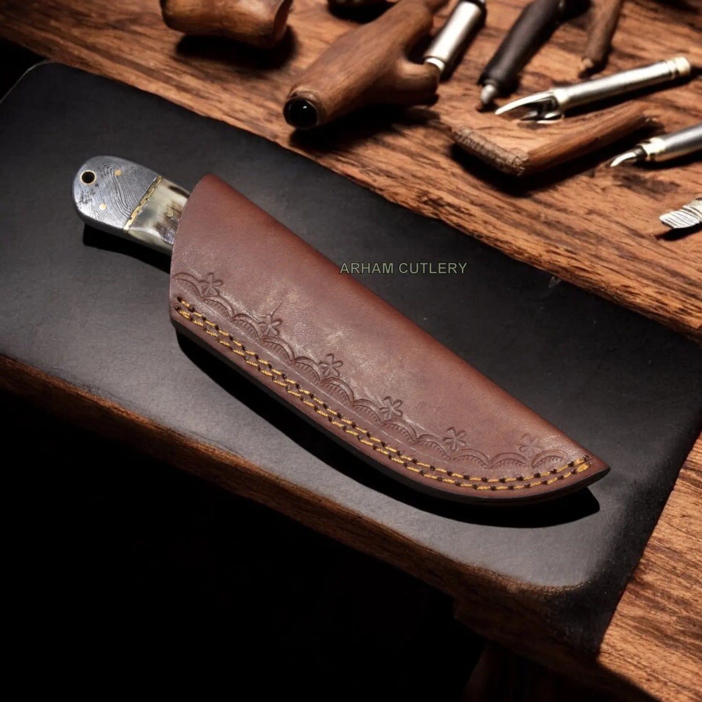 8" Handmade Damascus Steel Sheep Horn Knife - Arham Cutlery