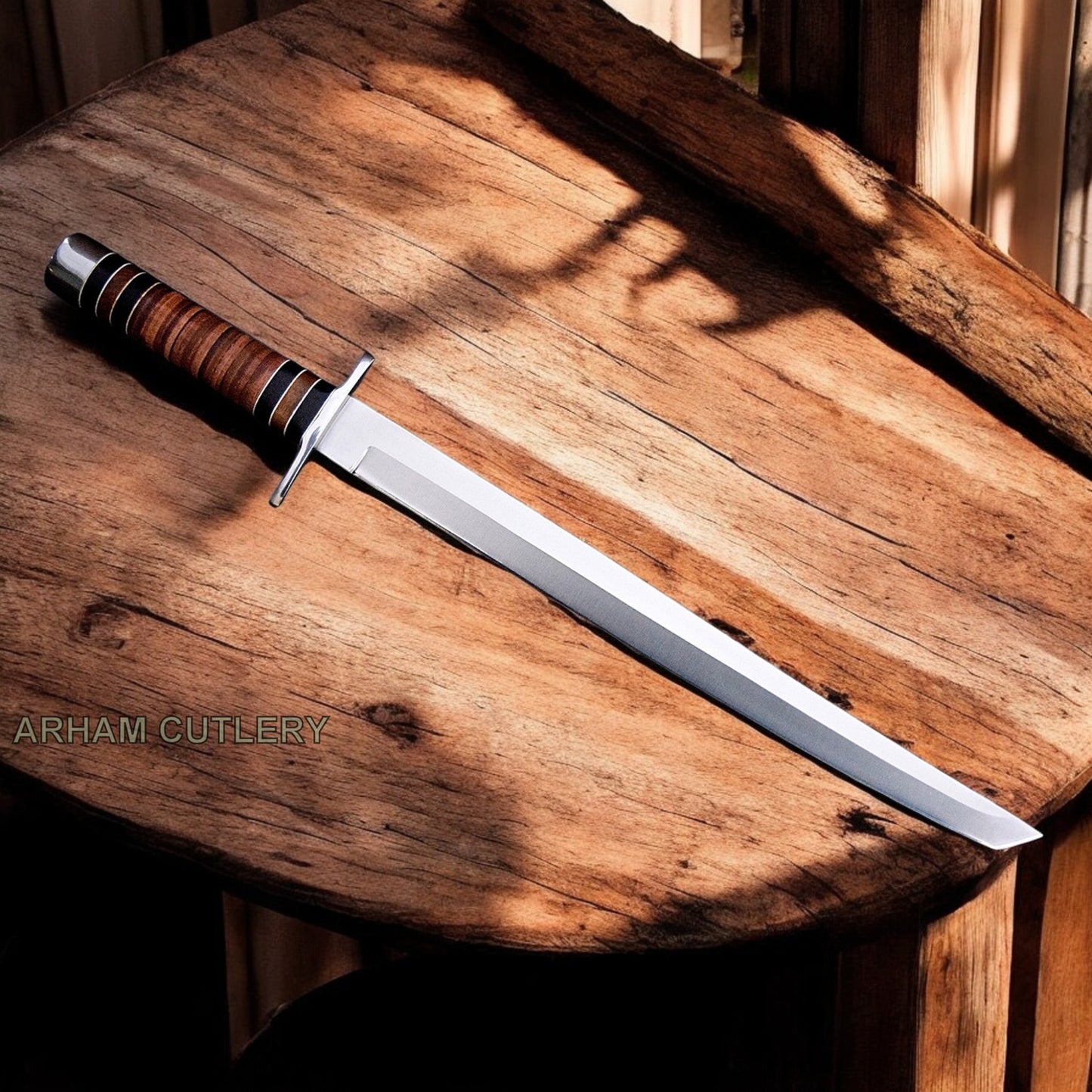 Viking Foul-Fart D2 Katana Tanto Short Sword With Leather Sheath