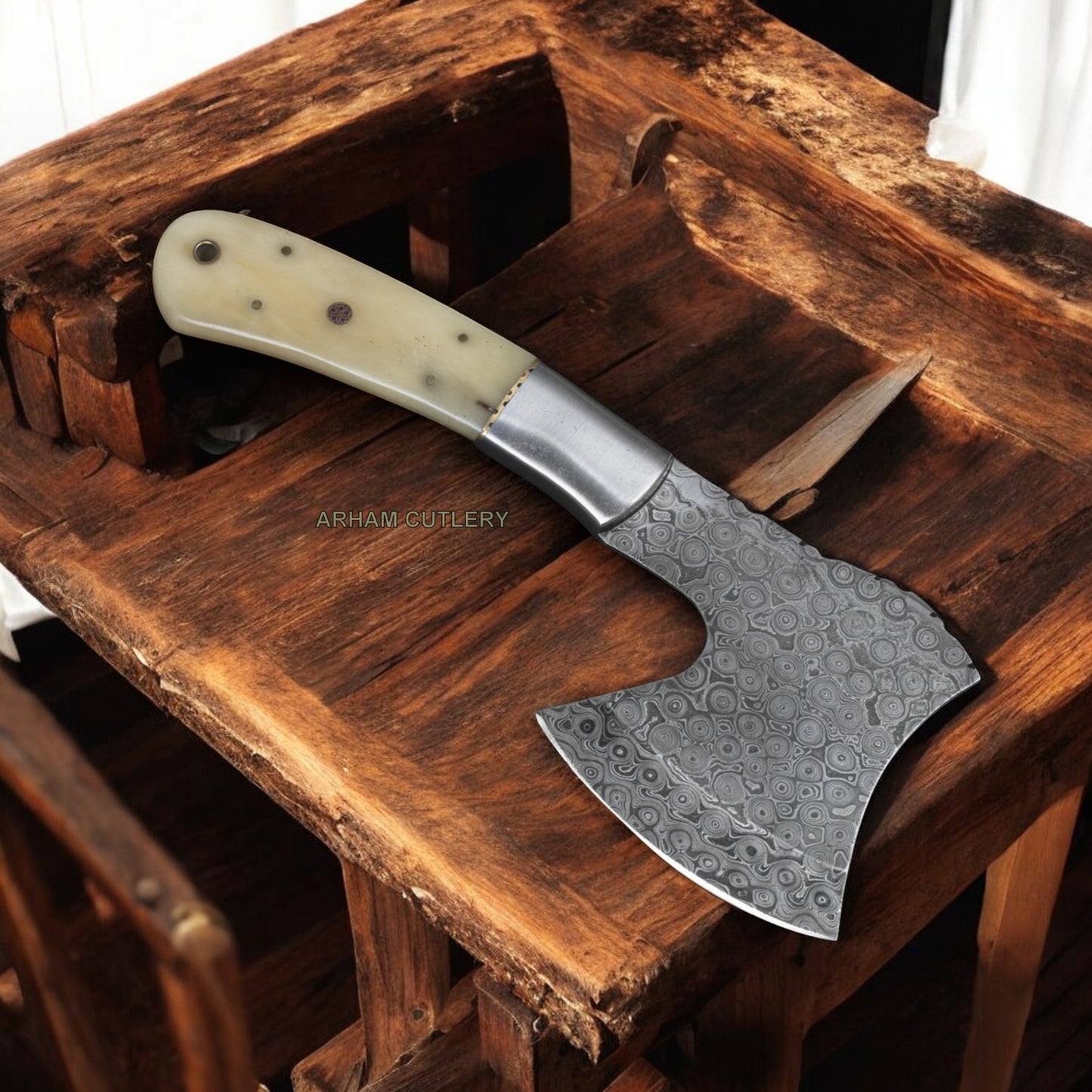 Handmade Damascus Steel Rain Drop Pattern With Camel Bone Scales