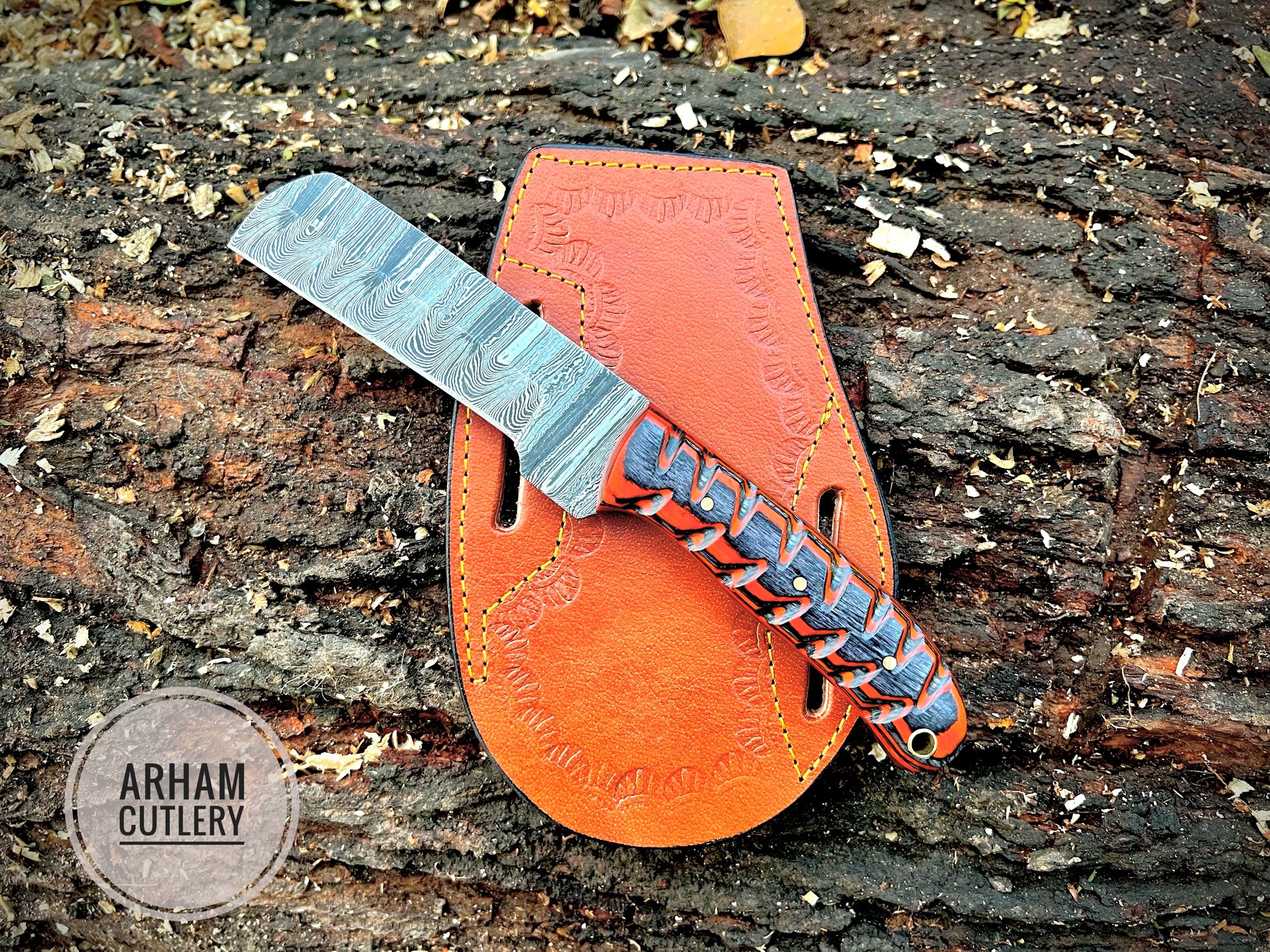 Damascus Steel Cowboy Bull Cutter EDC knife With Leather Sheath - Arham Cutlery