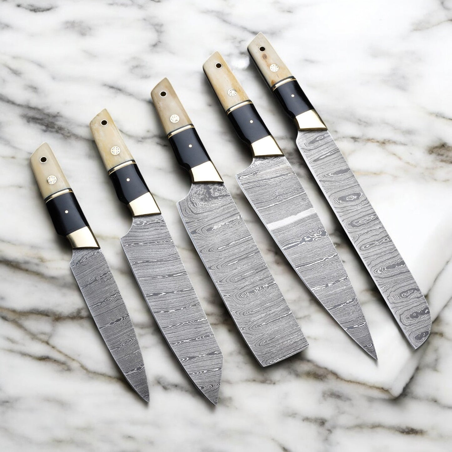 Custom Handmade Damascus Steel 5 Pcs Chef Set Handle Cow Bone/Black Horn With Leather Roll Kit