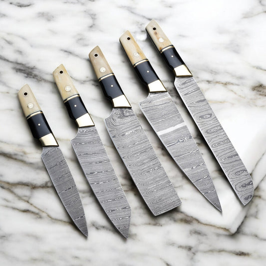 Custom Handmade Damascus Steel 5 Pcs Chef Set Handle Cow Bone/Black Horn With Leather Roll Kit