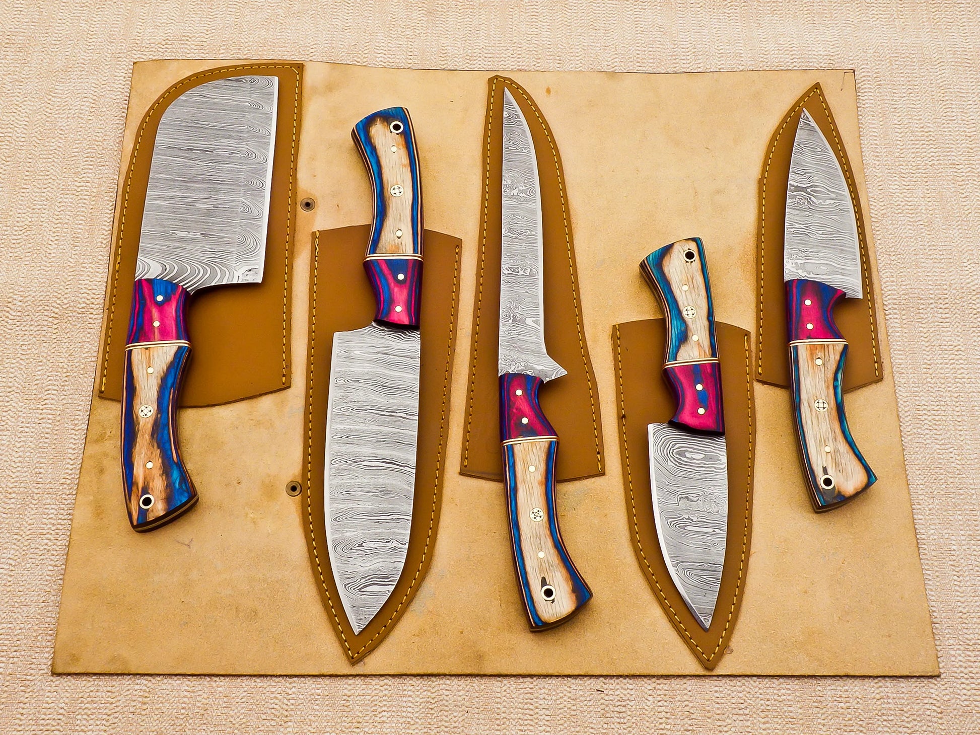 5 Piece Handmade Damascus Chef Knife Set - Chef's Knife, Fillet Knife, Cleaver, Small Chef knife, Paring knife - Arham Cutlery