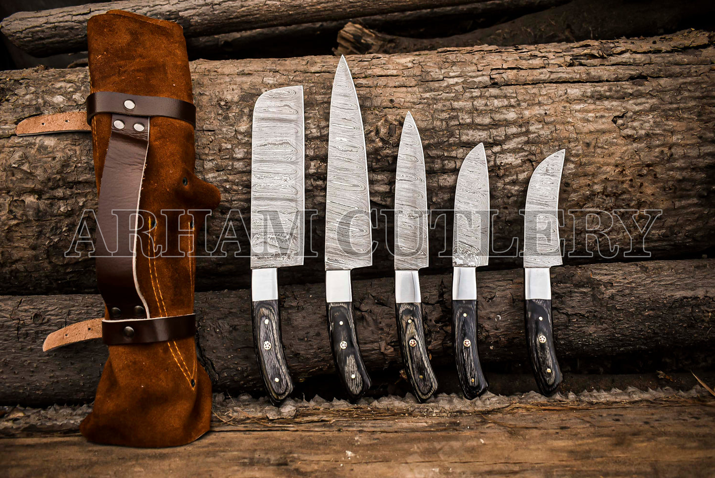 Damascus Steel 5 PCS Hand Forged Chef Knife Set With Leather Roll Kit