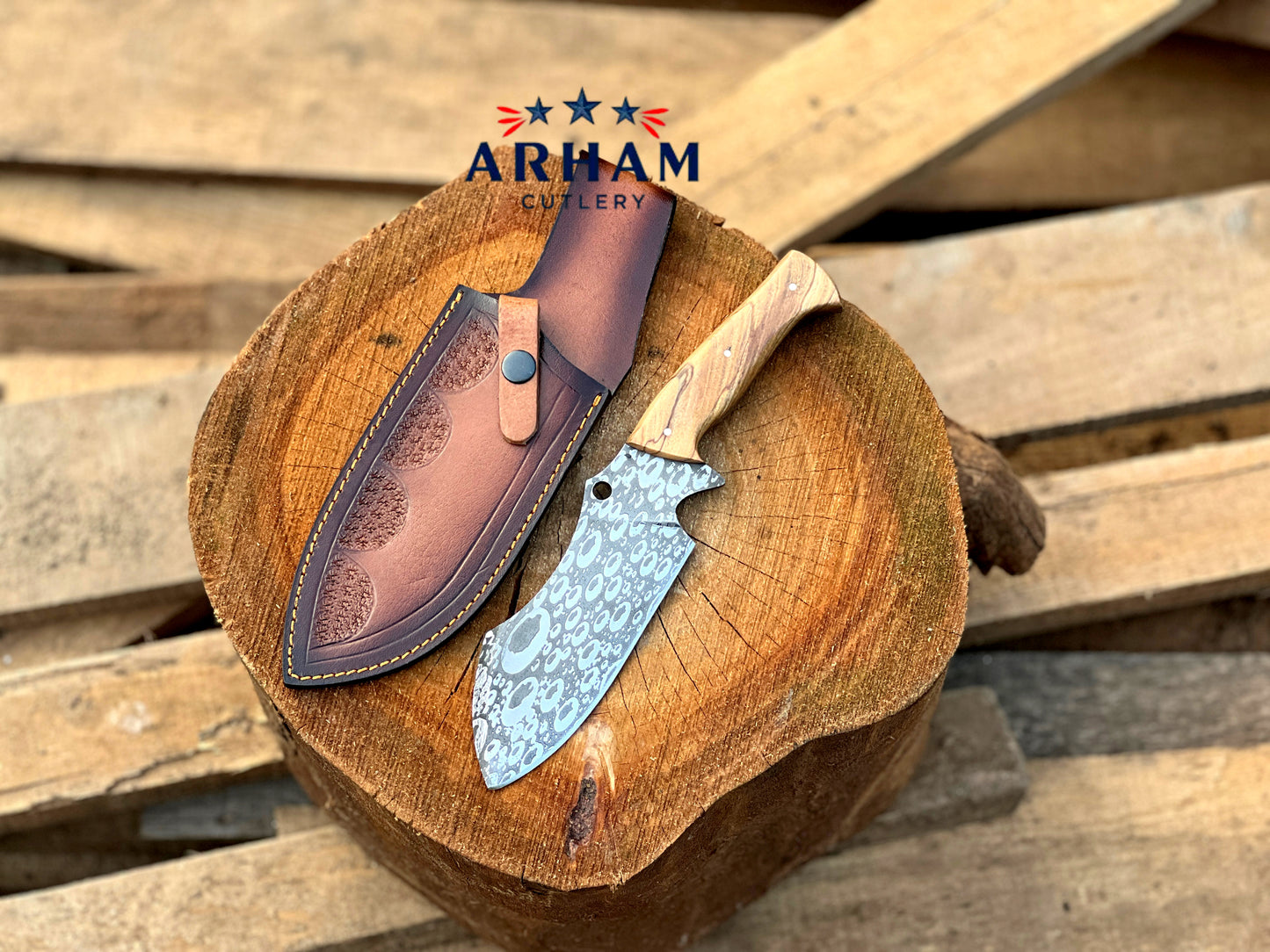Handmade 11" D2 Steel Hunting Knife – Olive Wood Handle, Etched Blade & Leather Sheath | ARHAM CUTLERY