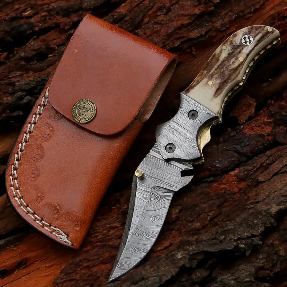 7" Handmade Forged Damascus Pocket Folding Knife - Stag Antler Handle - Damascus Bolster - Arham Cutlery