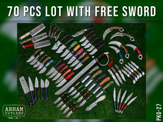 70 PCS Handmade Knife Lot with FREE Sword – Mixed Damascus & Stainless Steel | Arham Cutlery