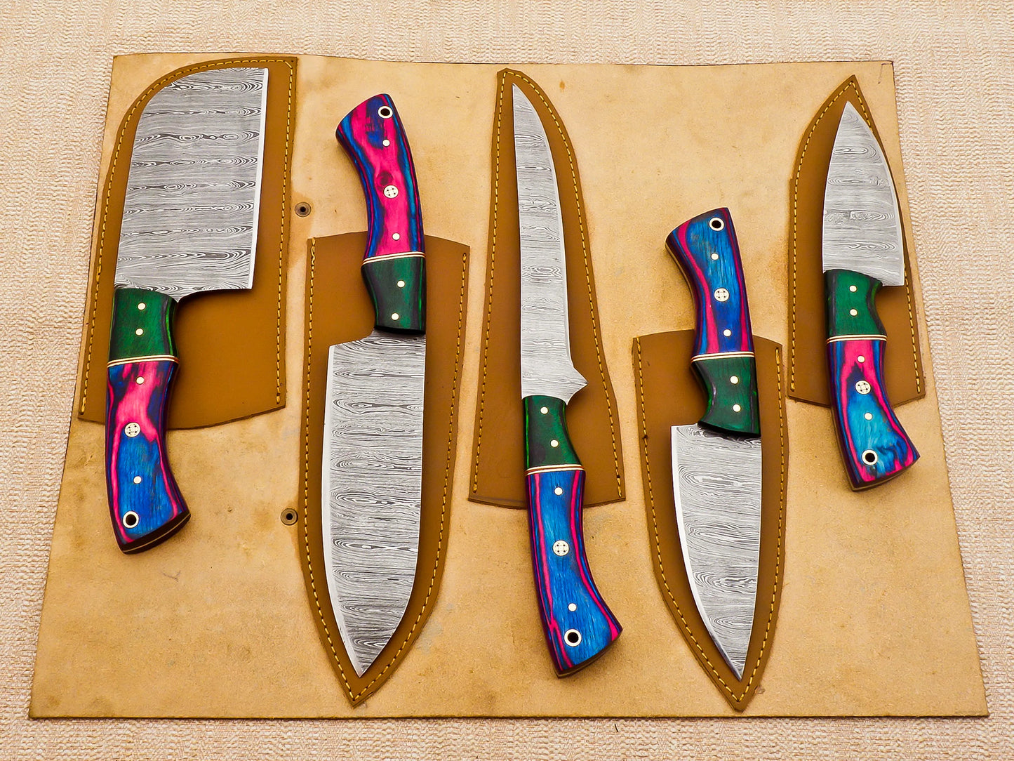 5 Piece Handmade Damascus Chef Knife Set - Chef's Knife, Fillet Knife, Cleaver, Small Chef knife, Paring knife - Arham Cutlery