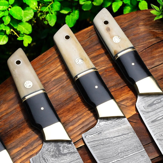Custom Handmade Damascus Steel 5 Pcs Chef Set Handle Cow Bone/Black Horn With Leather Roll Kit - Arham Cutlery