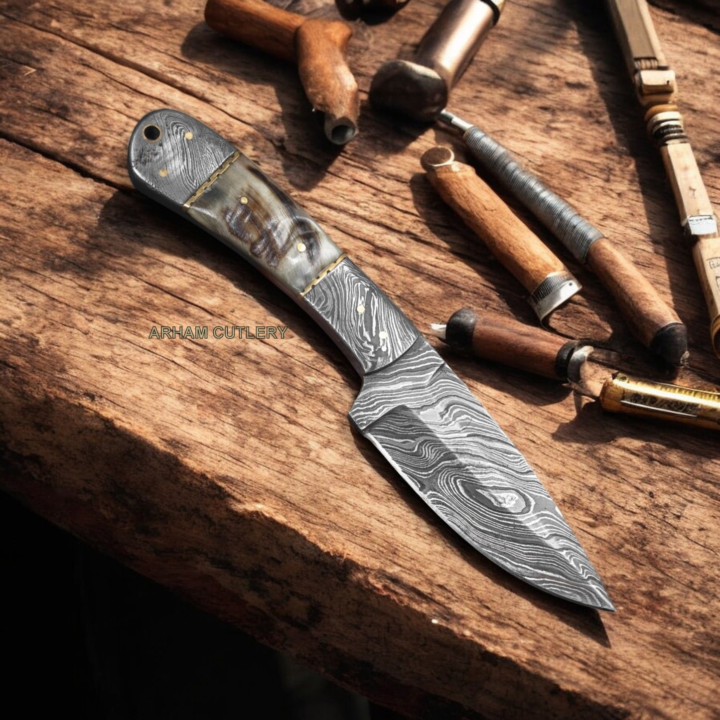 8" Handmade Damascus Steel Sheep Horn Knife