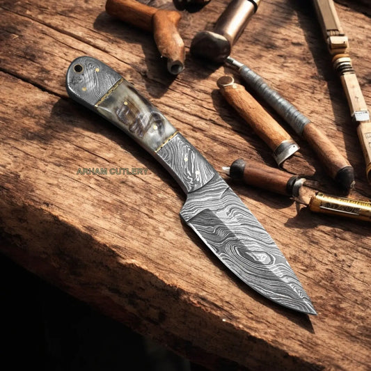 8" Handmade Damascus Steel Sheep Horn Knife - Arham Cutlery