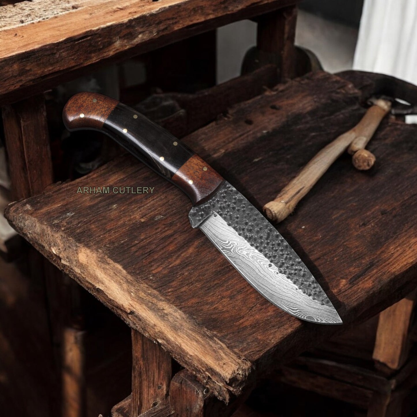 8" Flat Grind Damascus Steel Knife With Vegetable Tanned Leather Sheath