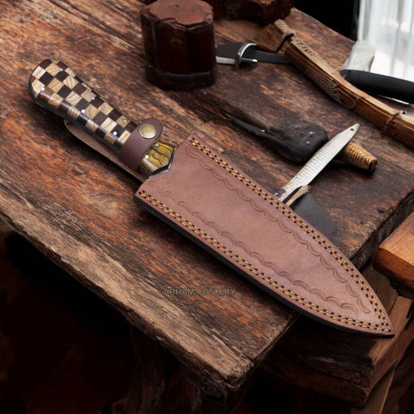 Hand Forged Damascus Steel Flat Grind Dagger Knife