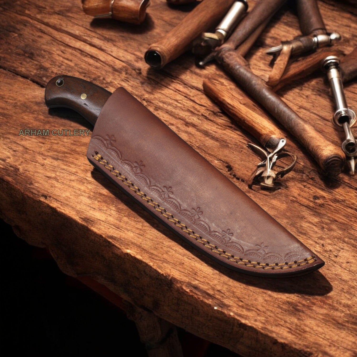 Damascus Steel Rose Wood Knife With Leather Sheath