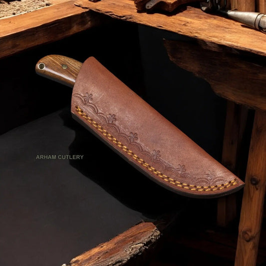 8" Rose Wood Fixed Blade Tanto EDC Knife With Leather Sheath