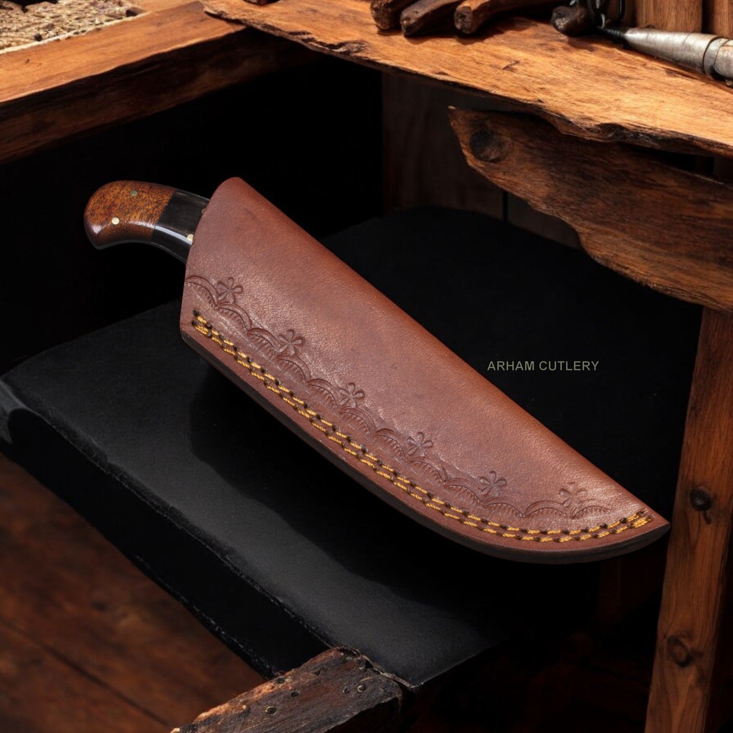 8" Flat Grind Damascus Steel Knife With Vegetable Tanned Leather Sheath