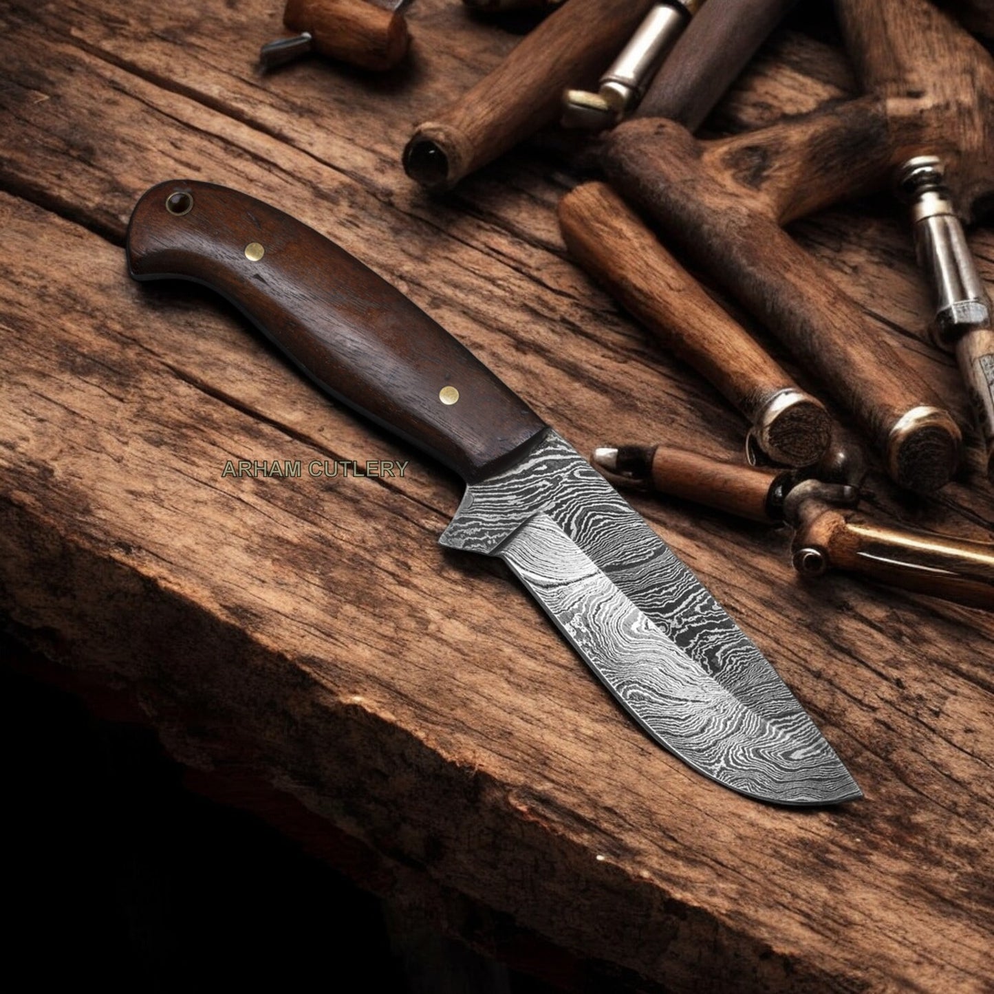 Damascus Steel Rose Wood Knife With Leather Sheath