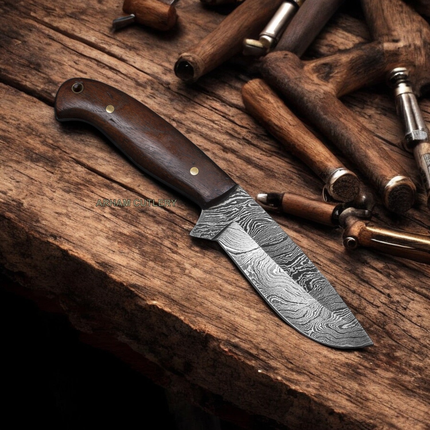 Damascus Steel Rose Wood Knife With Leather Sheath