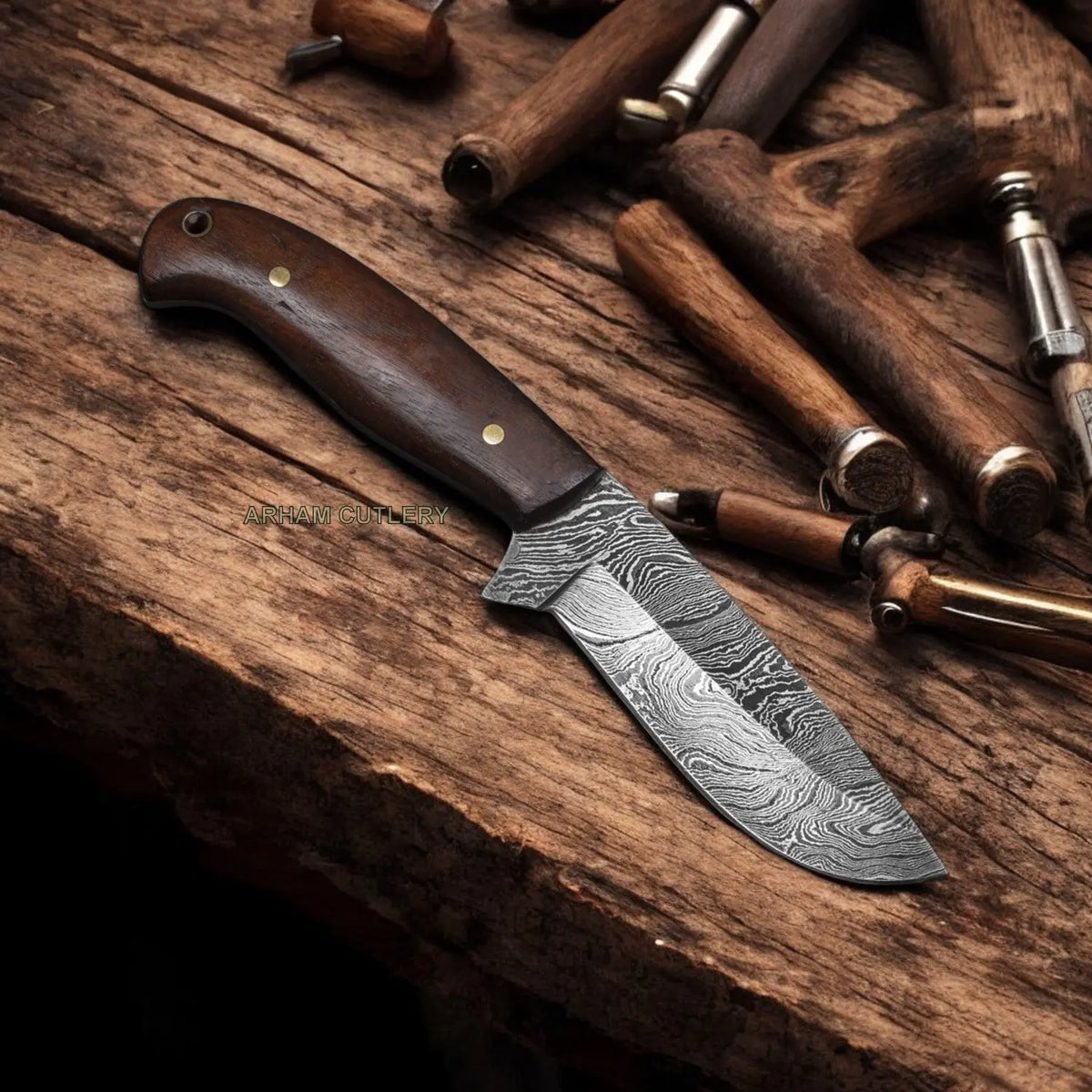 Damascus Steel Rose Wood Knife With Leather Sheath