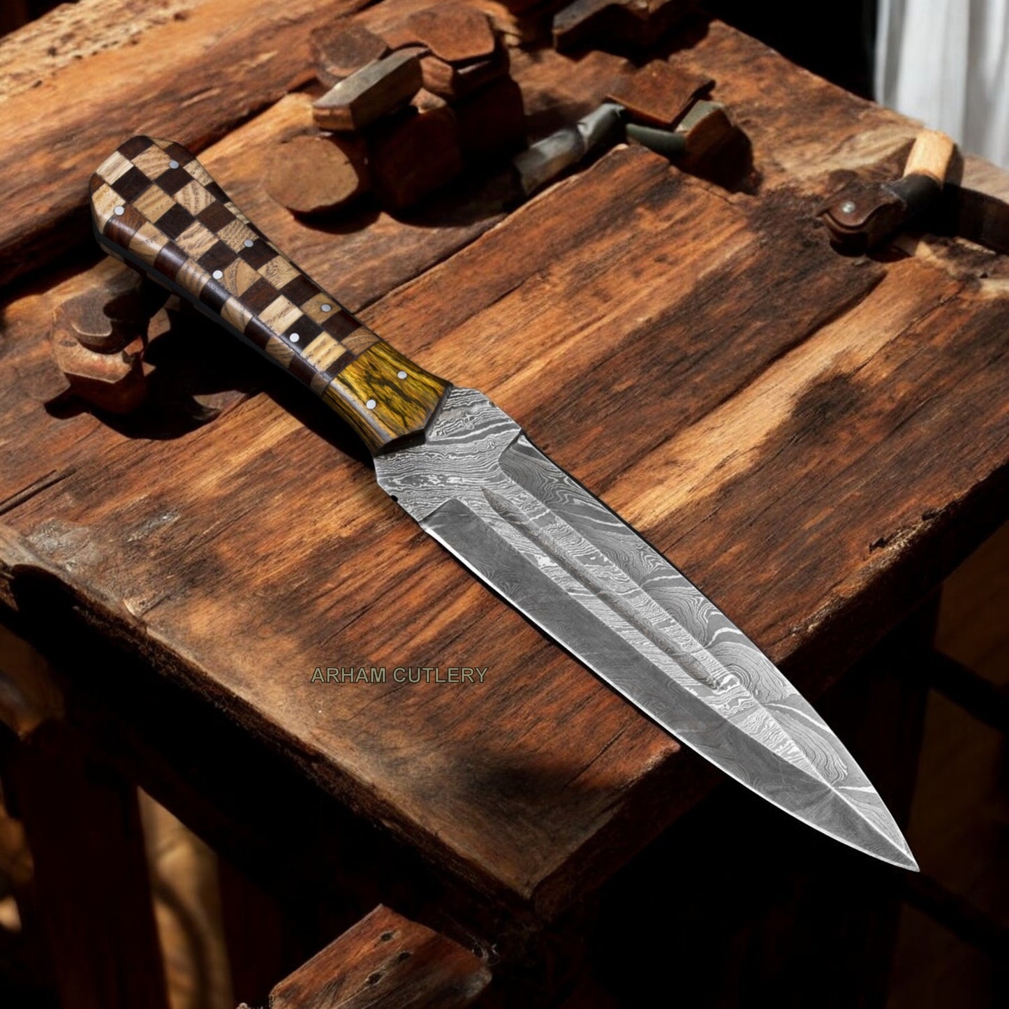 Hand Forged Damascus Steel Flat Grind Dagger Knife