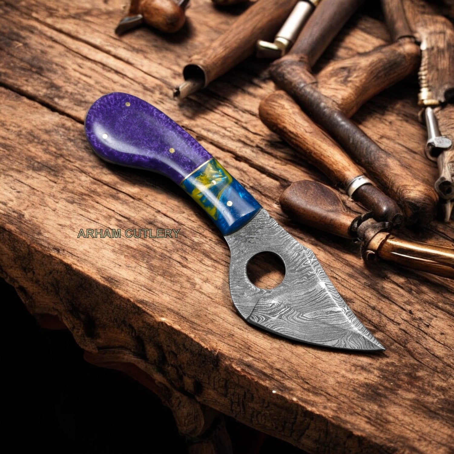 8.5" Blue And Purple Acrylic Handmade Damascus Steel Knife