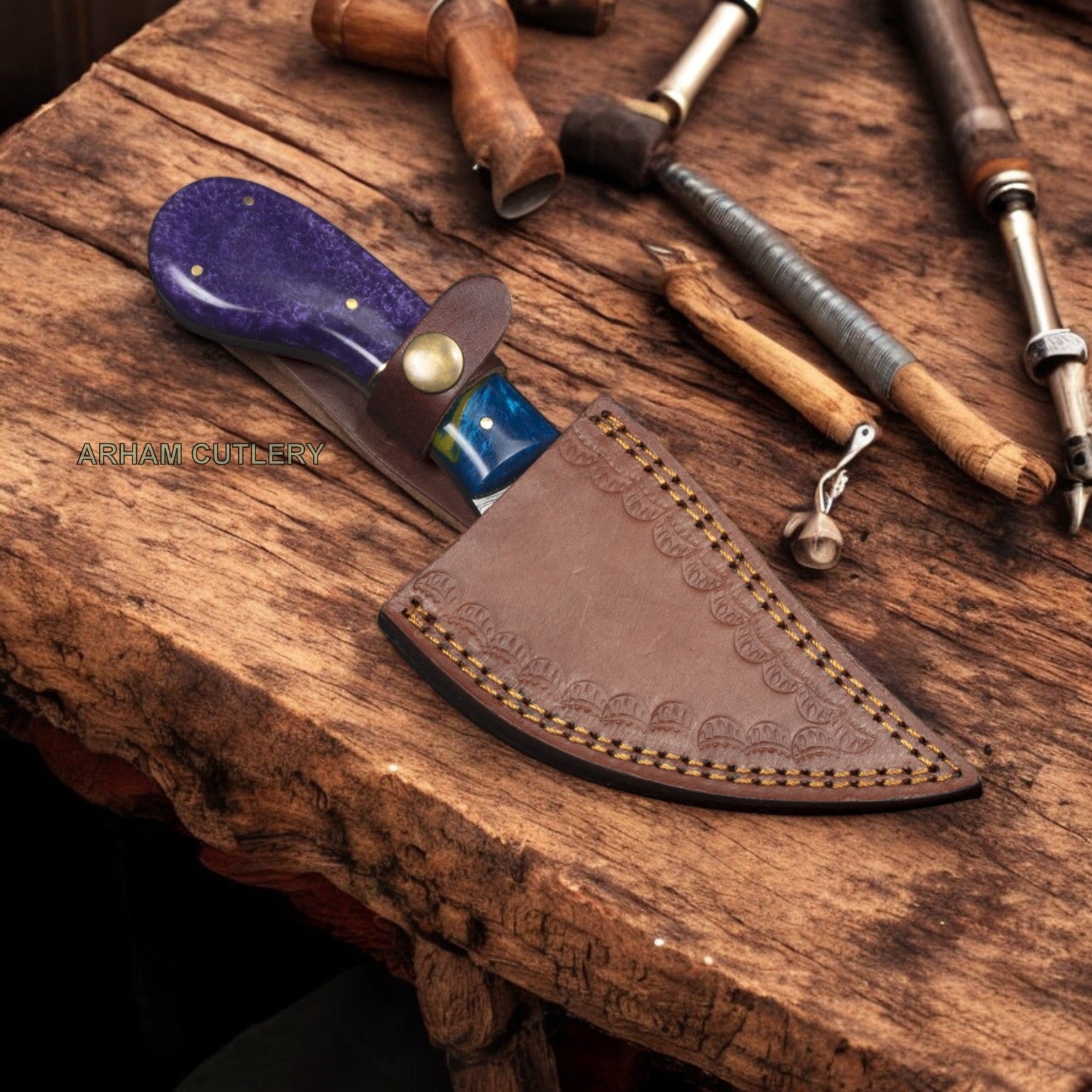 8.5" Blue And Purple Acrylic Handmade Damascus Steel Knife