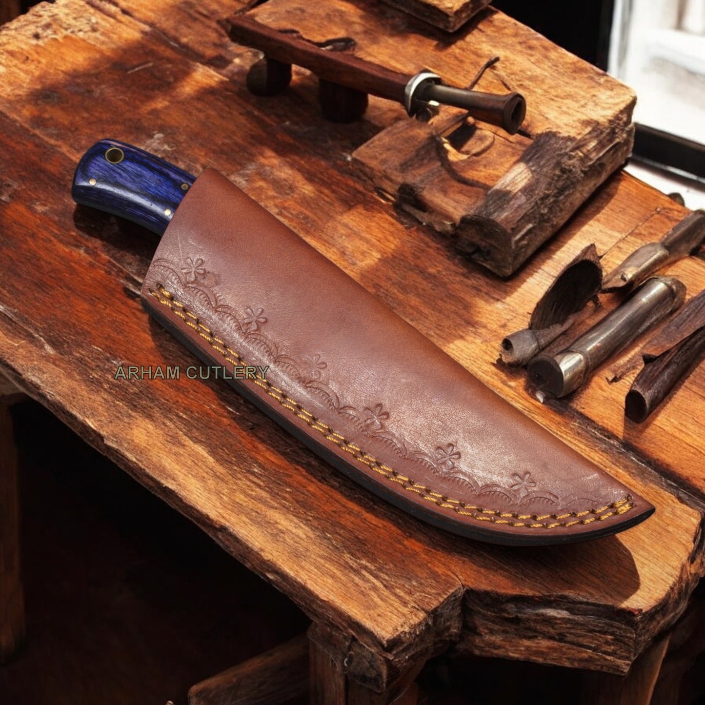 9" Handmade Damascus Steel Flat Grind EDC Skinning Knife