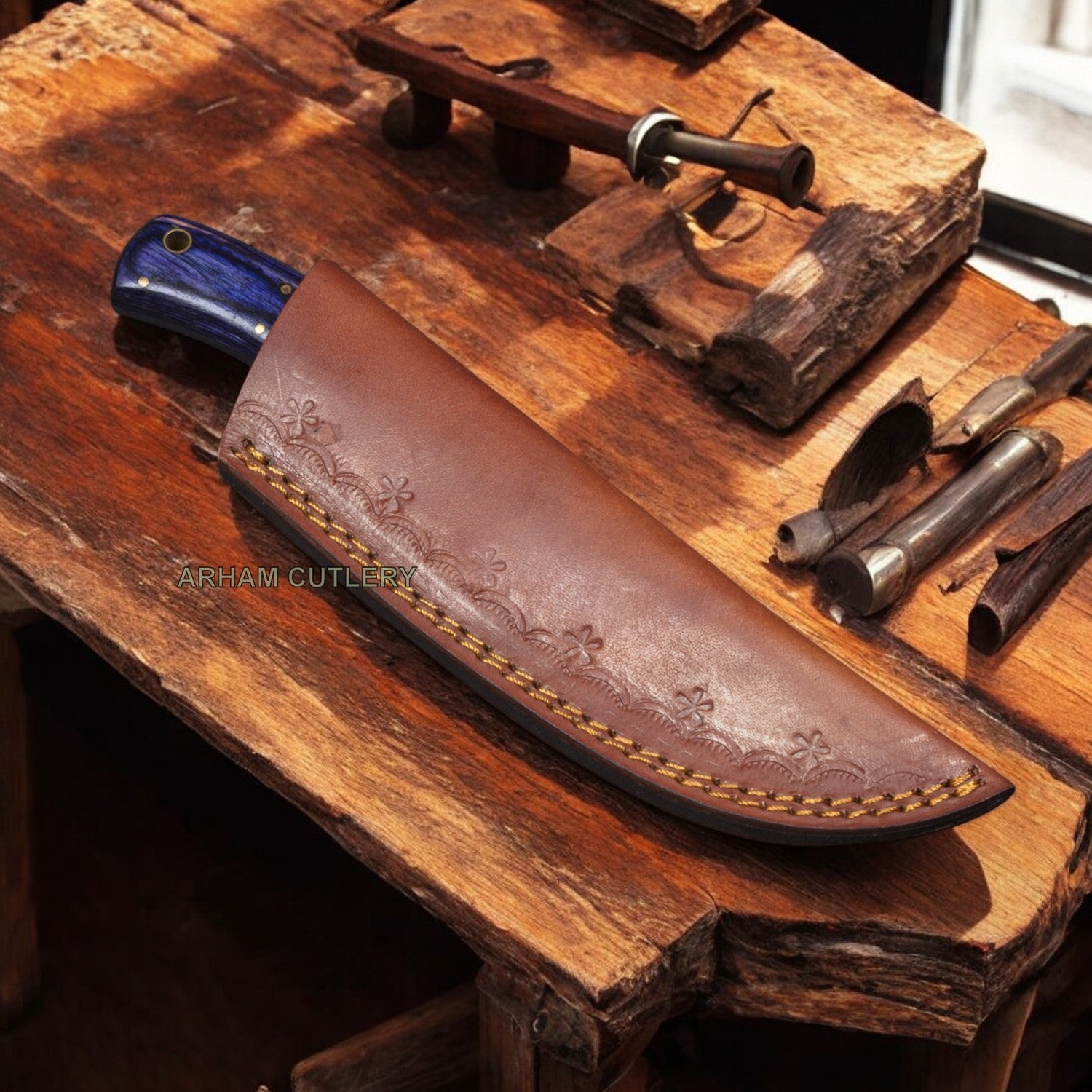 9" Handmade Damascus Steel Flat Grind EDC Skinning Knife