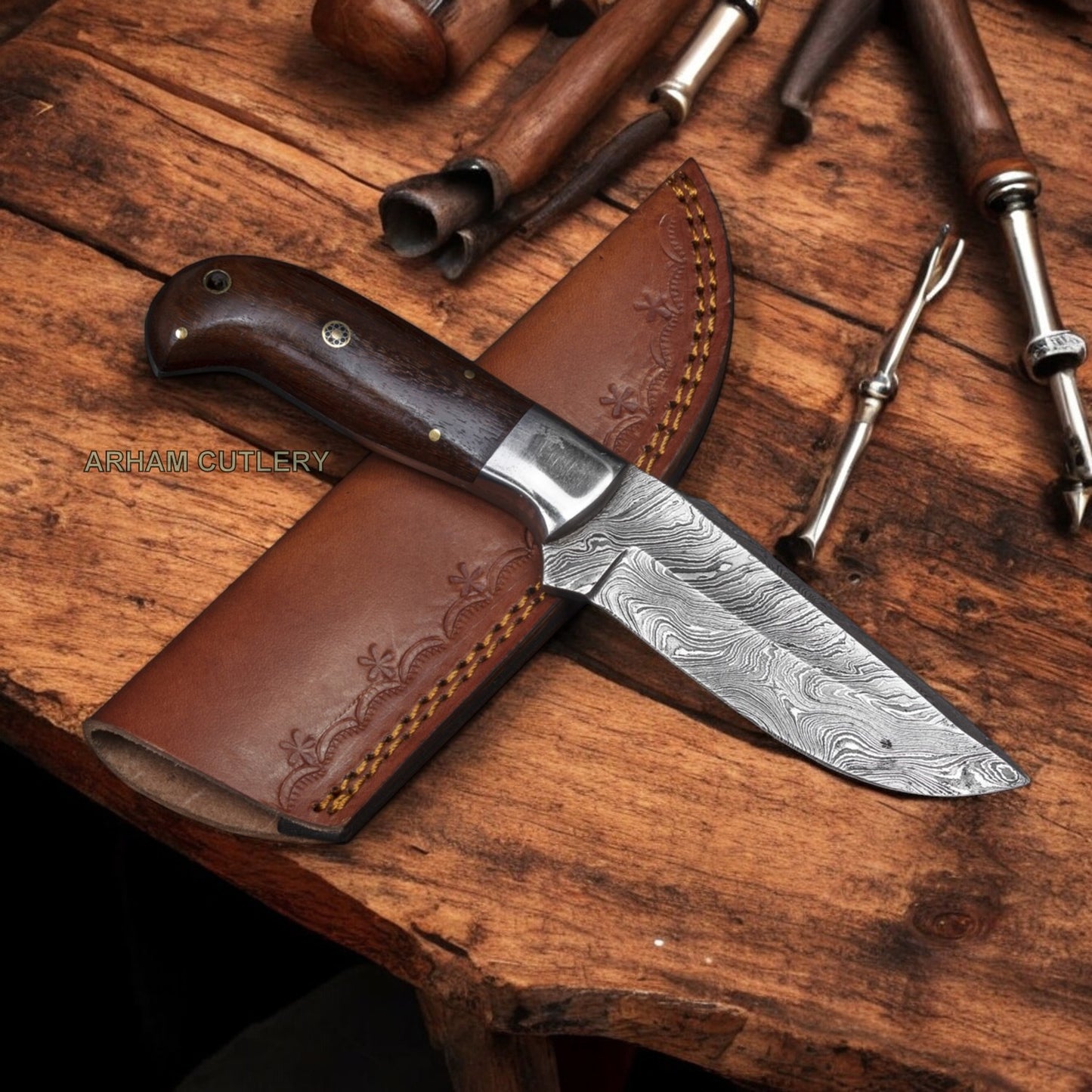 Handmade Damascus Steel Flat Grind Fixed Blade Knife