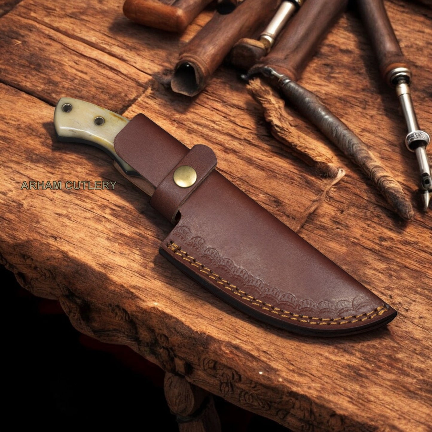 9.5" Hand Forged Damascus Steel Camel Bone Tracker Knife