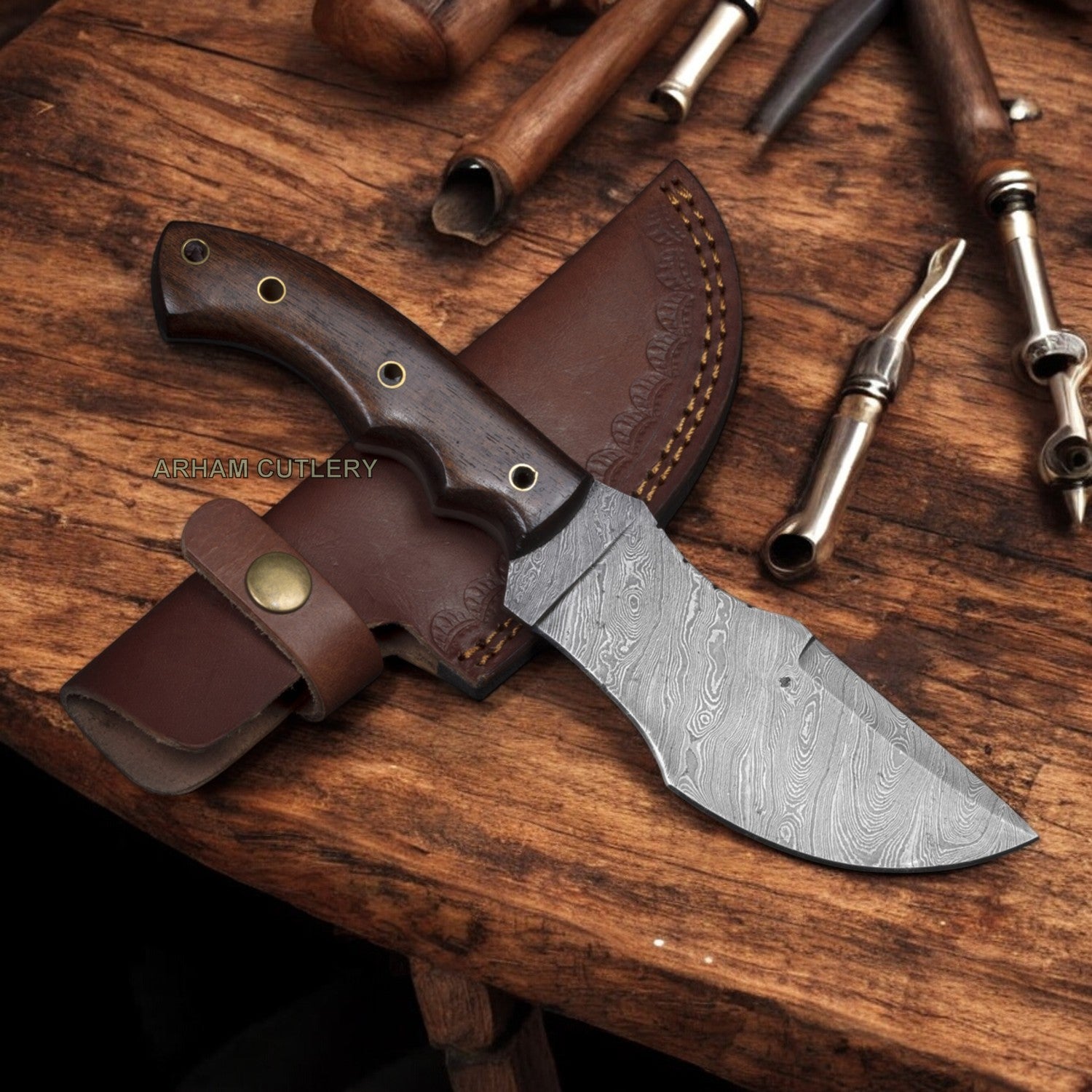 Damascus Steel 9.5" Rose Wood Tracker Knife