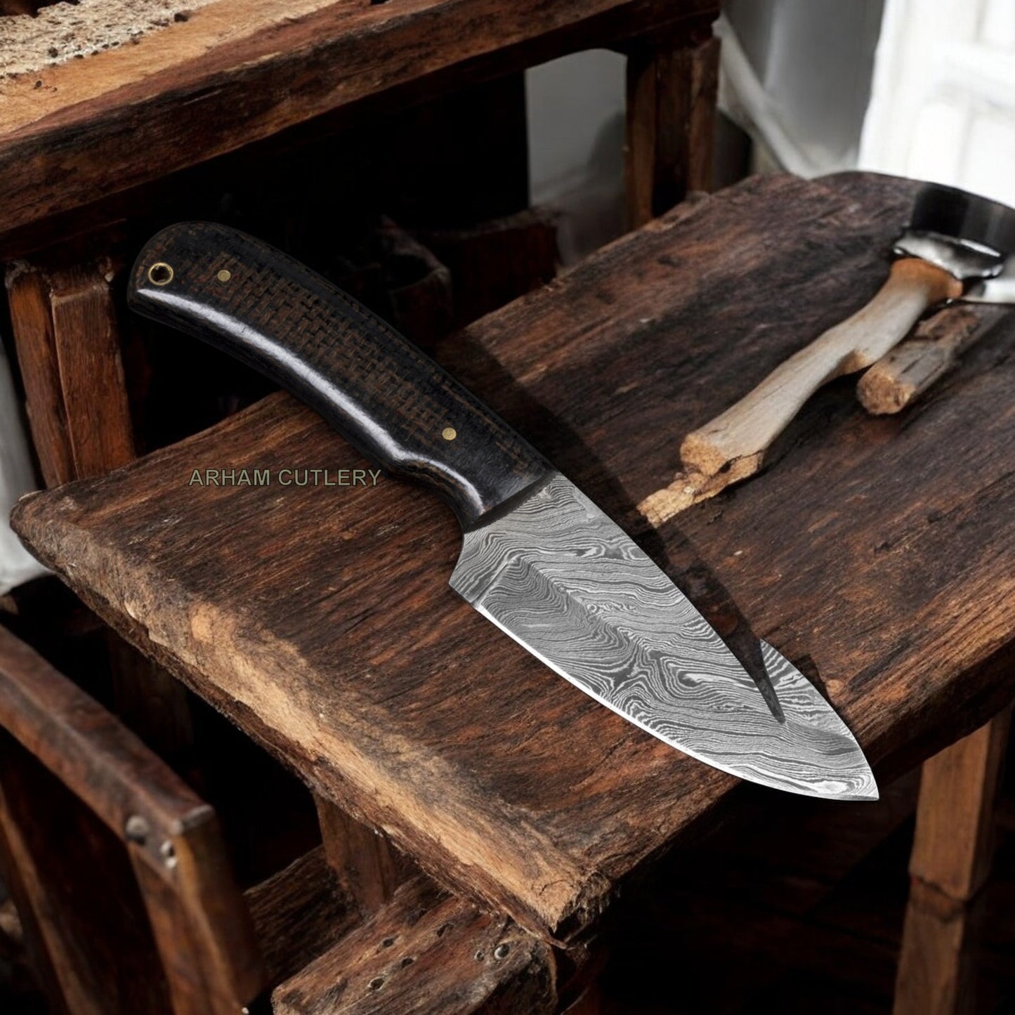 Fixed Blade Damascus Steel 9" Gut Hook Knife