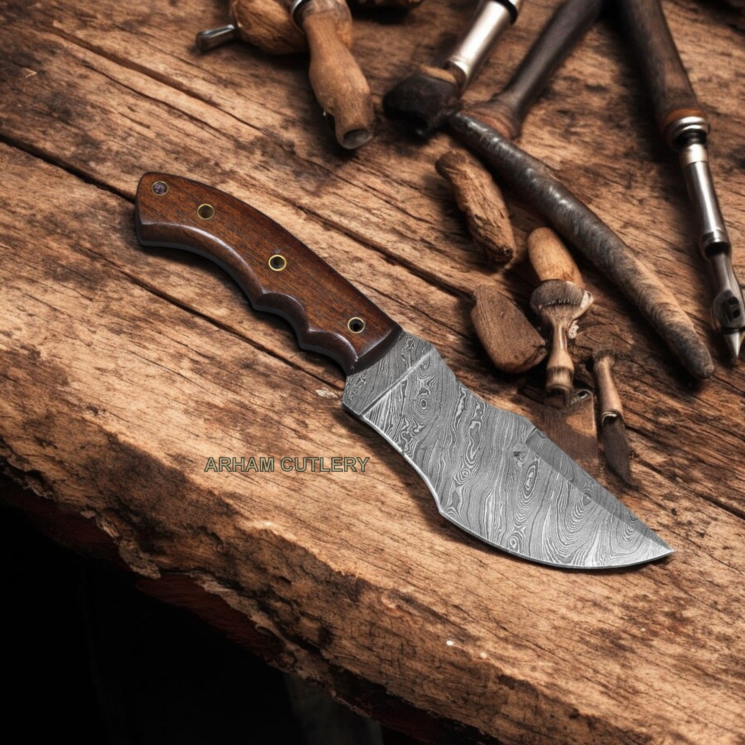 Damascus Steel 9.5" Rose Wood Tracker Knife