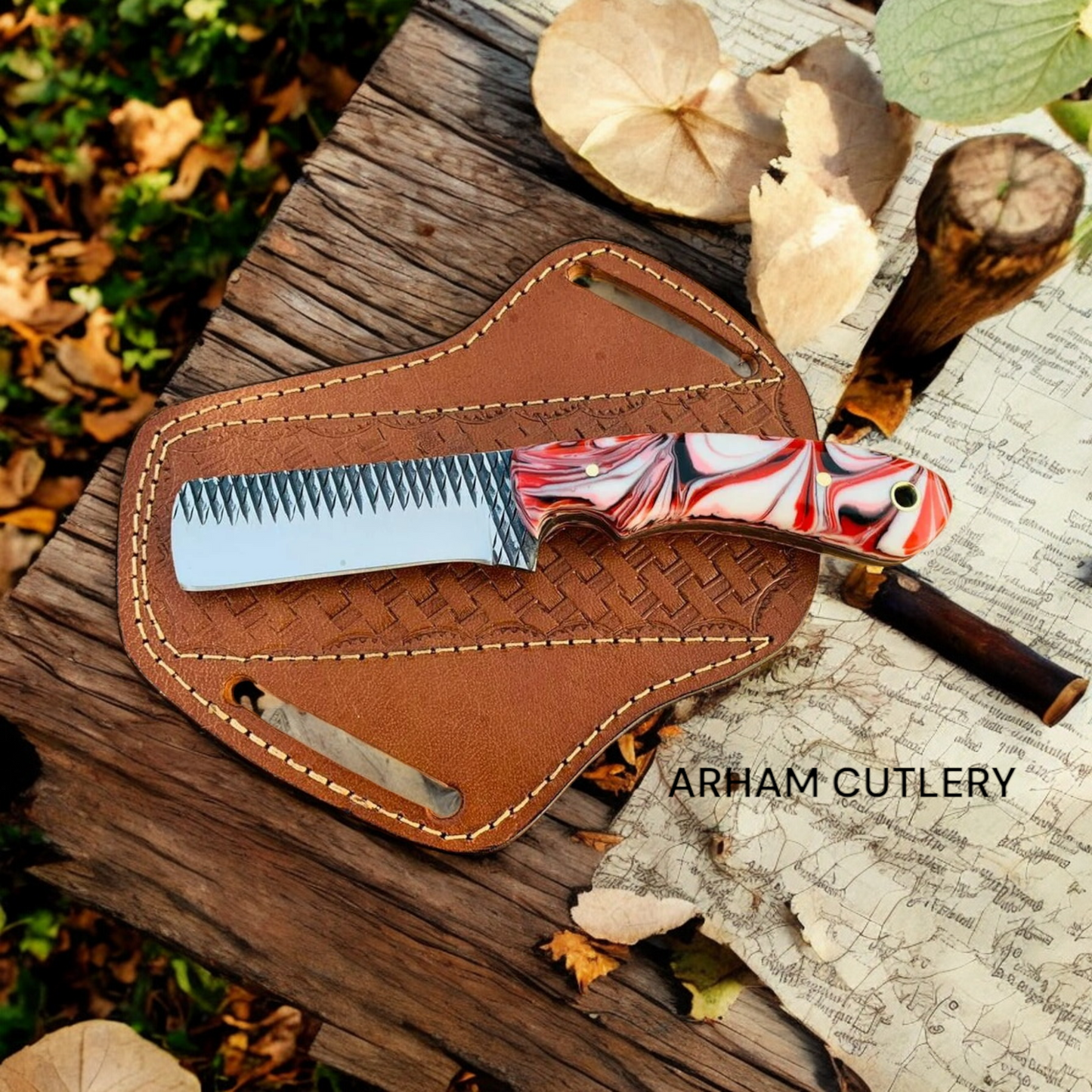 Handmade Cowboy Bull Cutter EDC Knife With Leather Sheath