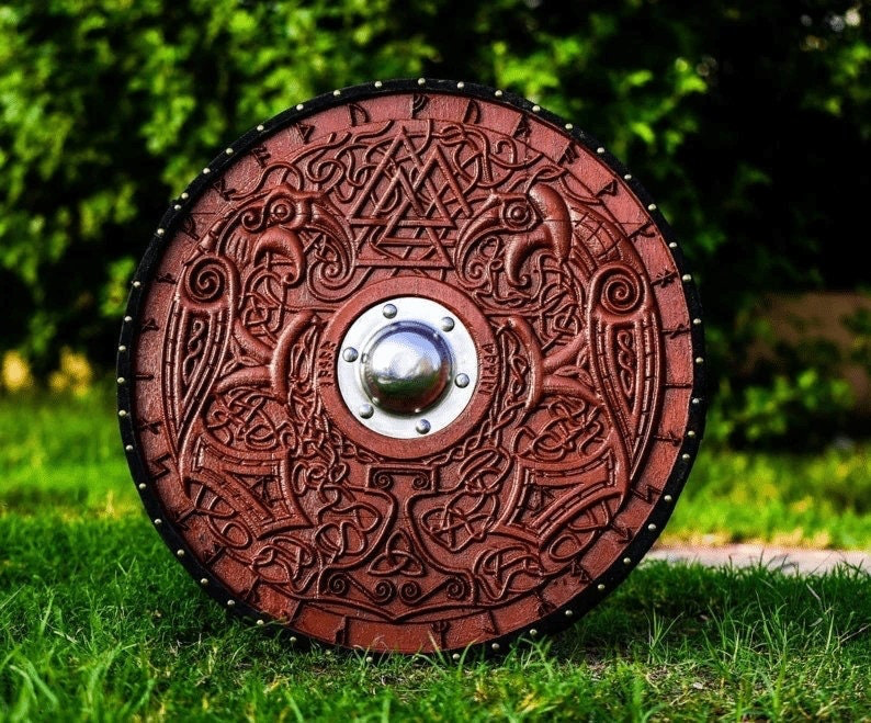 Custom Viking Shield |Medieval Helm of Awe Shield | Carved Viking Gift, Wall Decor | Viking Round Shield | Viking Cosplay Shield | Xmas Gift | Arham Cutlery Arham Cutlery