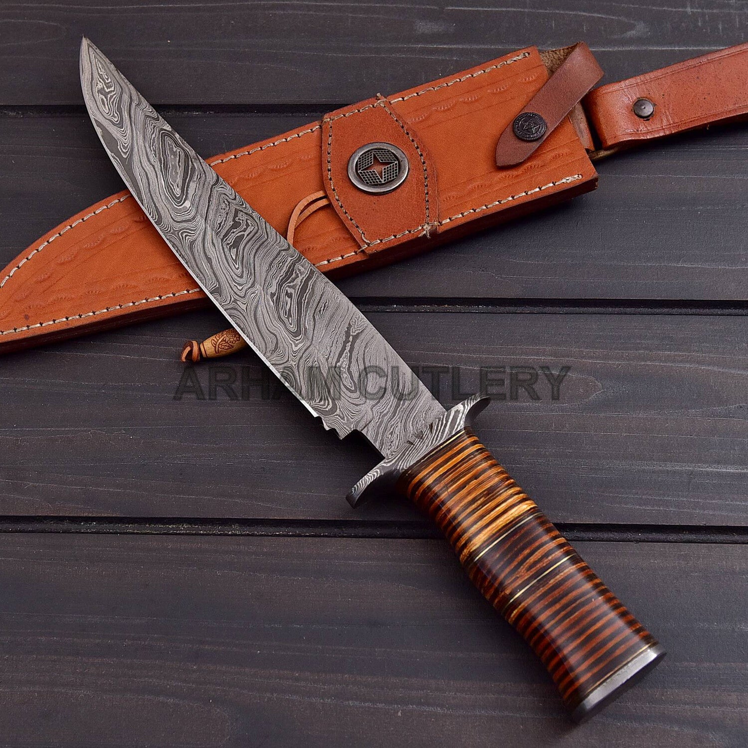 Custom Handmade Hunting Bowie Knife With Leather Sheath Arham Cutlery