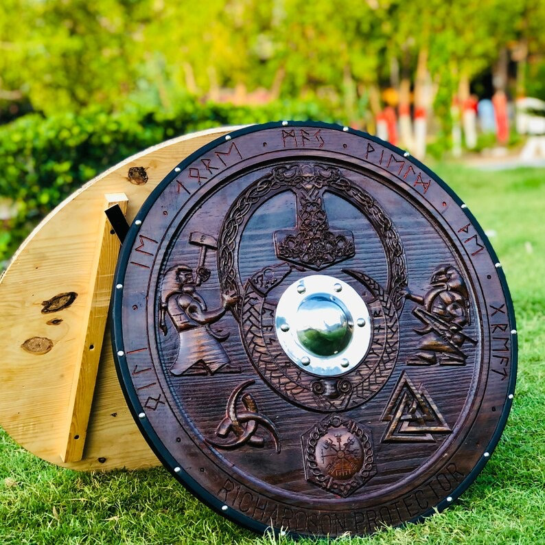 Medieval Viking Shield, Mjolnir Carved Shield, Cosplay Shield Viking Gift, Viking Wall Decor, Viking Round Shield, Birthday & Christmas Gift | Arham Cutlery