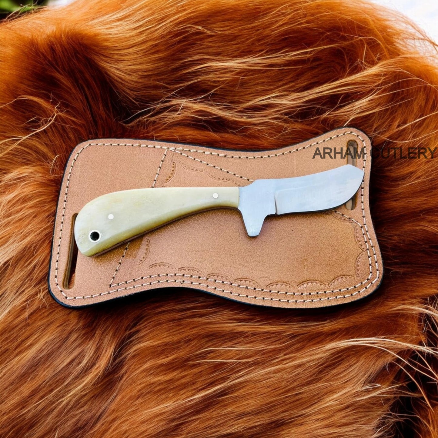 Camel Bone Ferrier Rasp File Skinning Knife With Leather Sheath