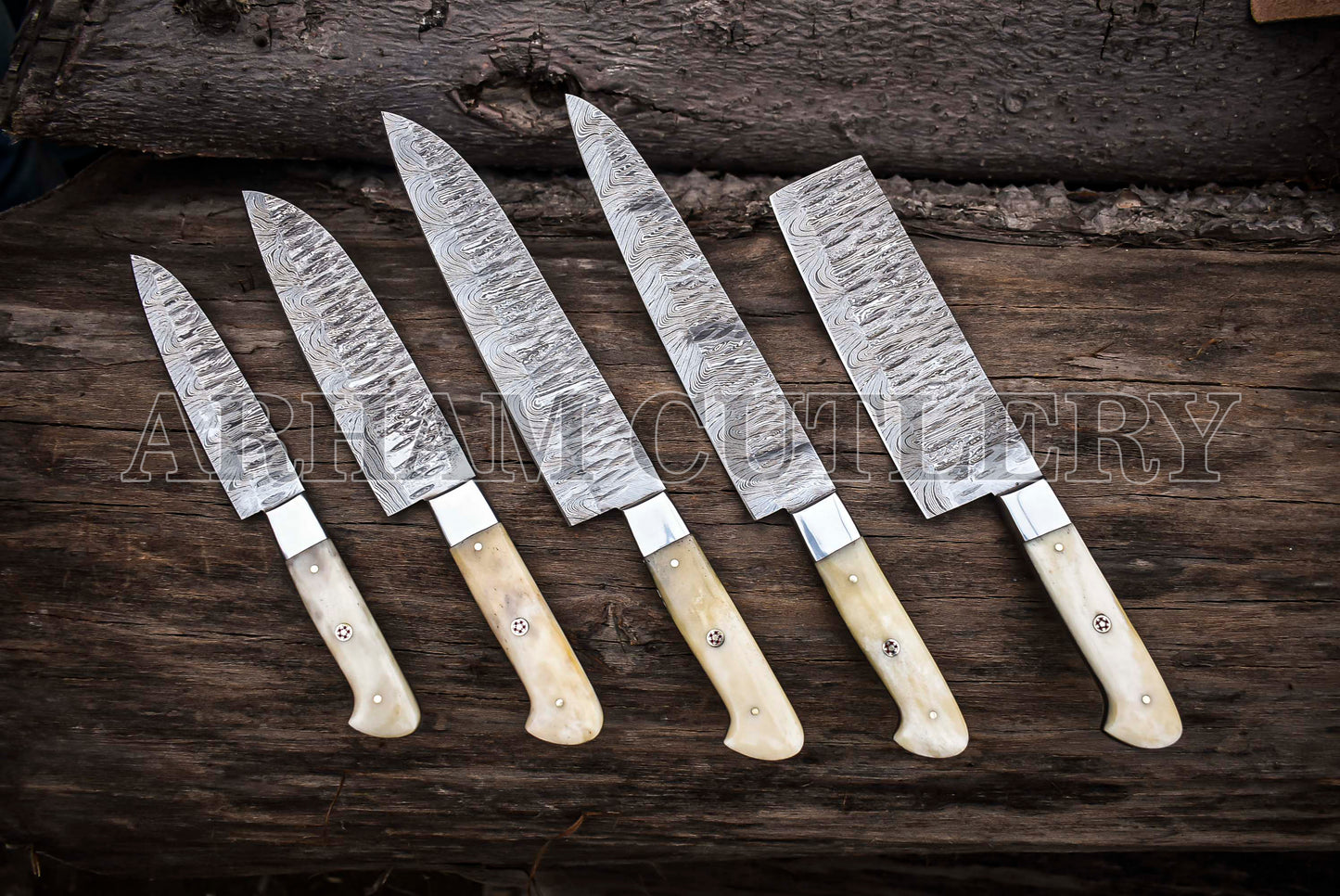 Handmade Damascus Steel Camel Bone Kitchen Knife Chef Set