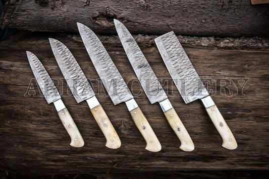Handmade Damascus Steel Camel Bone Kitchen Knife Chef Set - Arham Cutlery