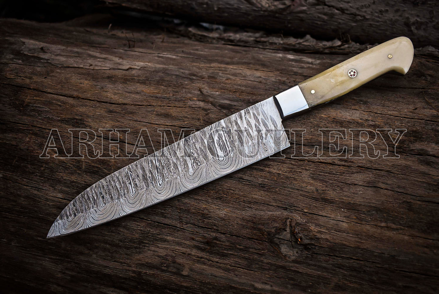 Handmade Damascus Steel Camel Bone Kitchen Knife Chef Set