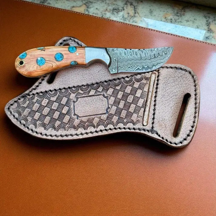 Handcrafted cowboy belt knife with Damascus steel blade and turquoise inlaid wood handle in leather sheath – Arham Cutlery