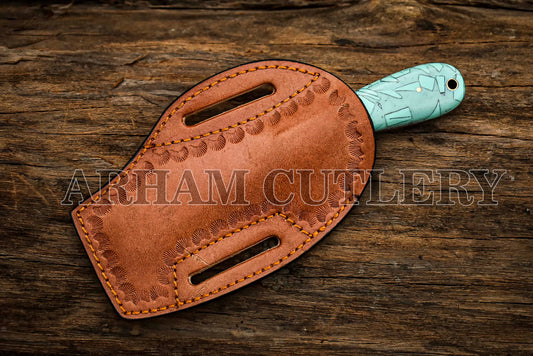 Praying Cowboy Knife With Hand Sewn Leather Sheath Arham Cutlery