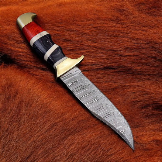 Custom Handmade Damascus Steel Bowie Knife With Red Handle Arham Cutlery