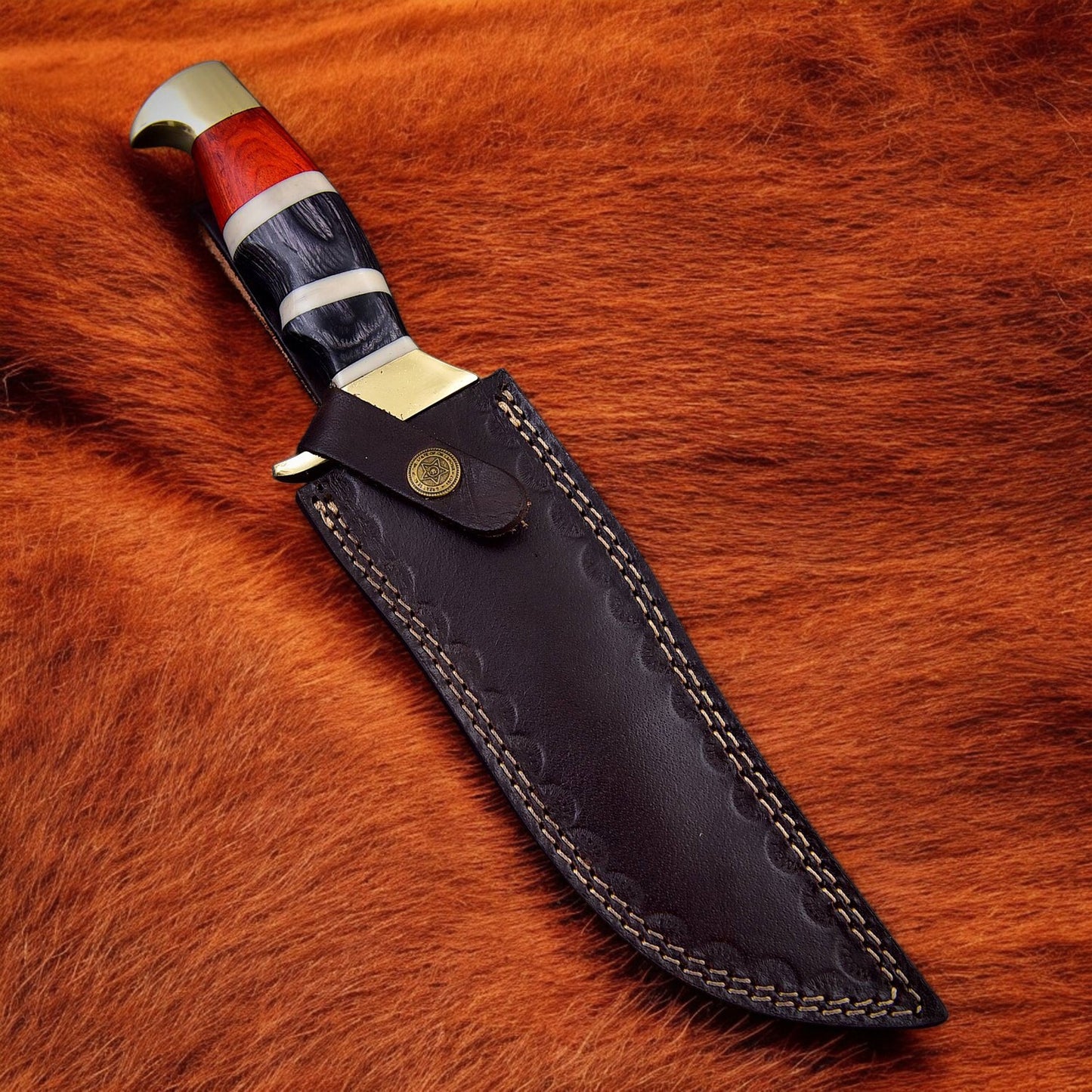 Custom Handmade Damascus Steel Bowie Knife With Red Handle Arham Cutlery