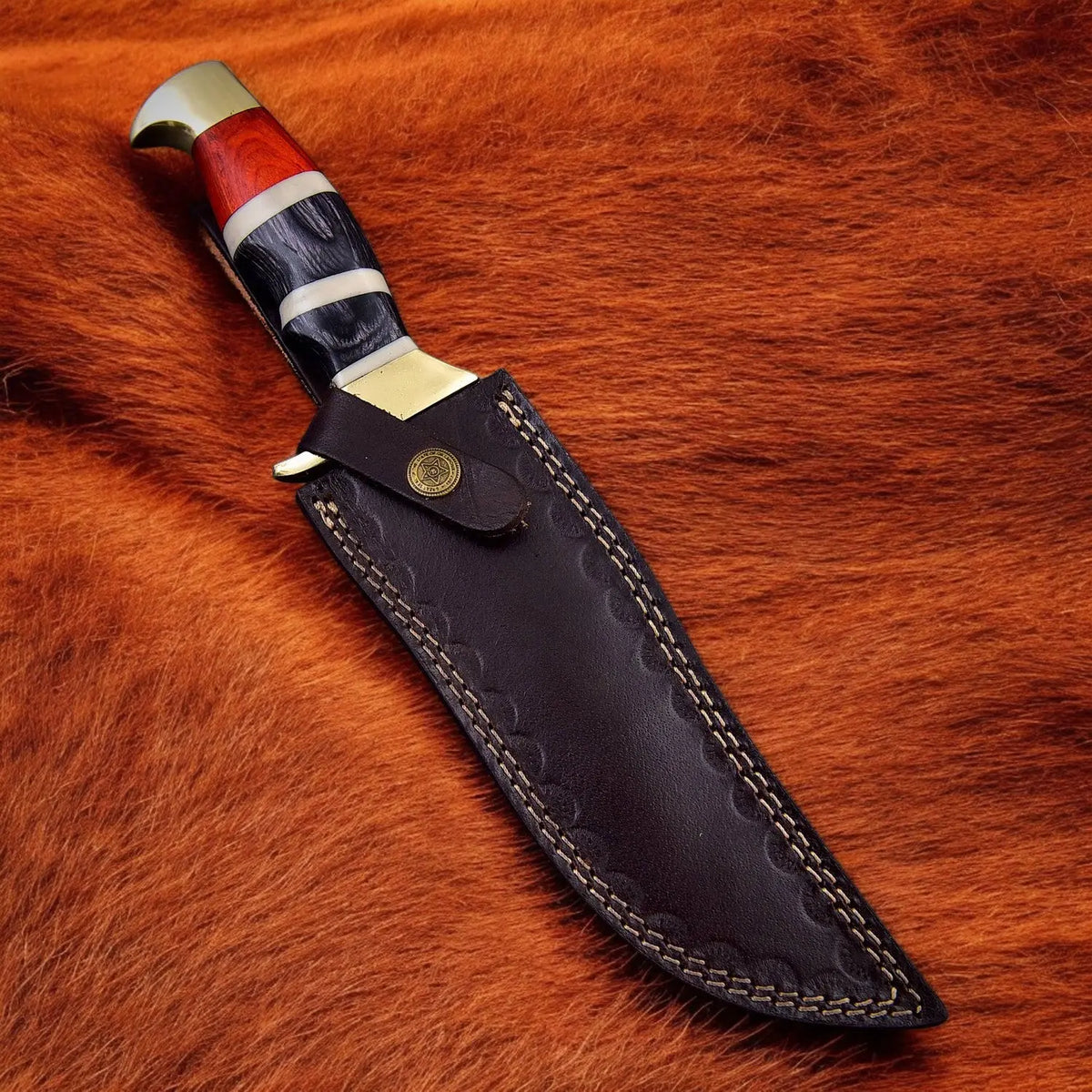 Custom Handmade Damascus Steel Bowie Knife With Red Handle Arham Cutlery