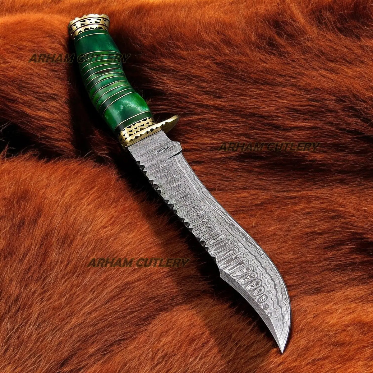 Custom Handmade Damascus Steel Green Caterpillar Bowie With Leather Sheath