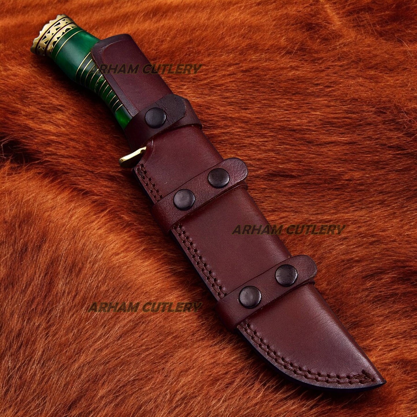 Custom Handmade Damascus Steel Green Caterpillar Bowie With Leather Sheath